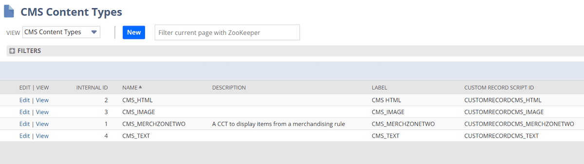 NetSuite CMS content types list.