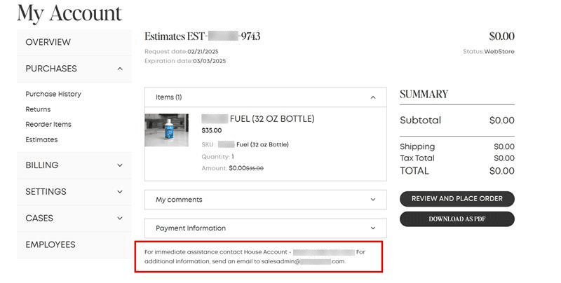 NetSuite SuiteCommerce my account estimate note.