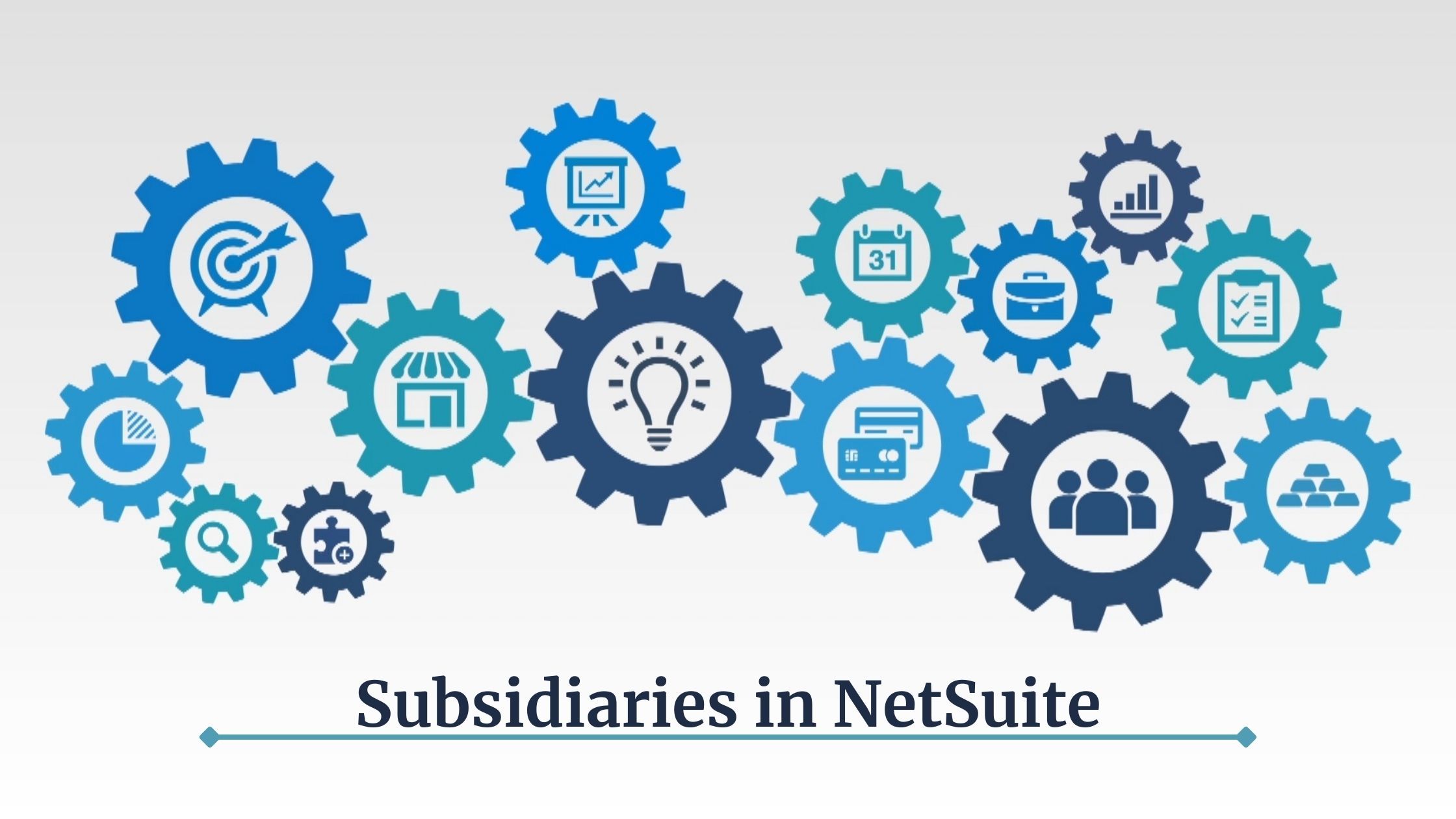 A series of gears with the title Subsidiaries in NetSuite underneath it.