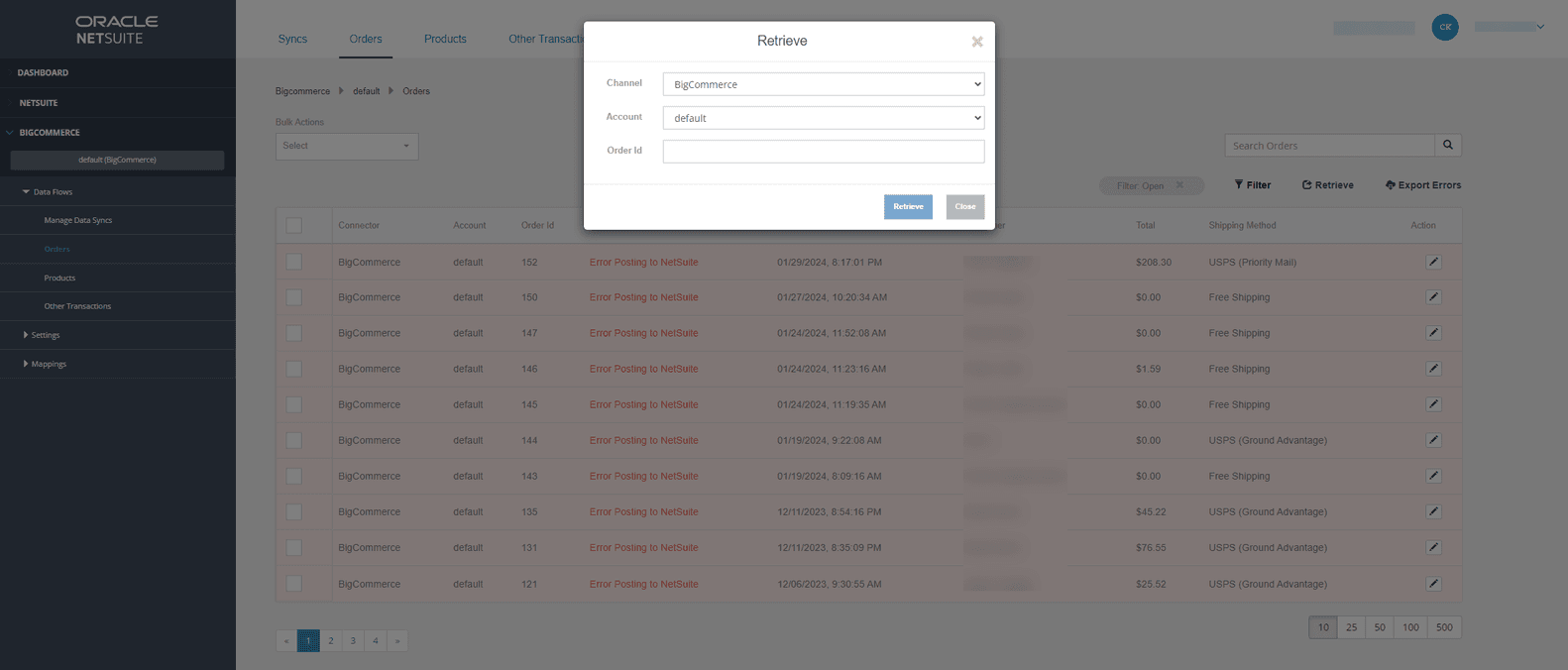 NetSuite connector retrieve channel BigCommerce.