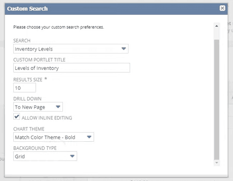 NetSuite custom search portlet setup.