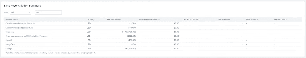 NetSuite bank reconciliation dashboard portlet.
