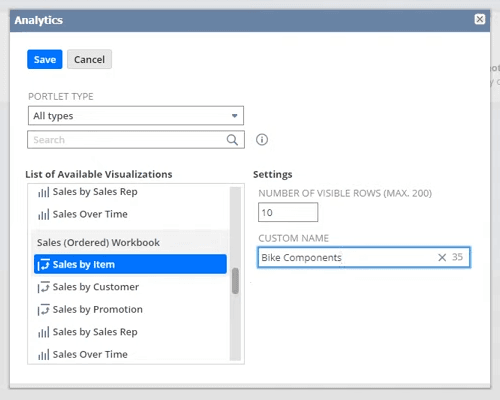 NetSuite analytics portlet settings.