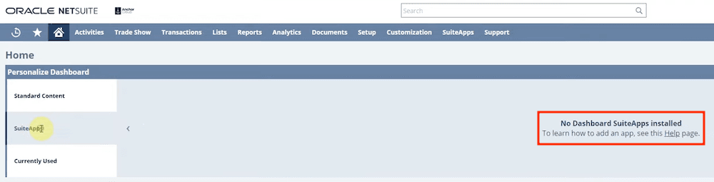 NetSuite personalize dashboard SuiteApps tab.