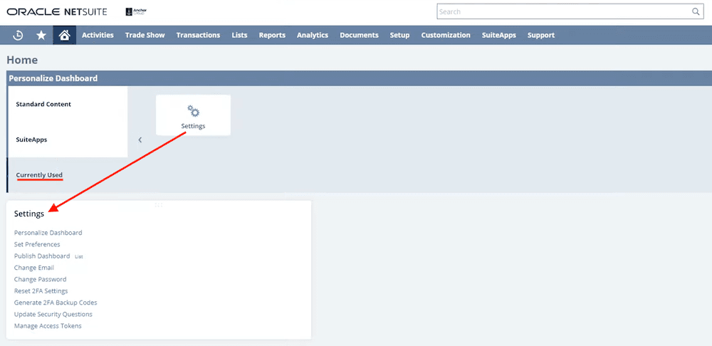Personalize NetSuite dashboard currently used tab.