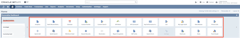 Personalize NetSuite dashboard standard content tab.