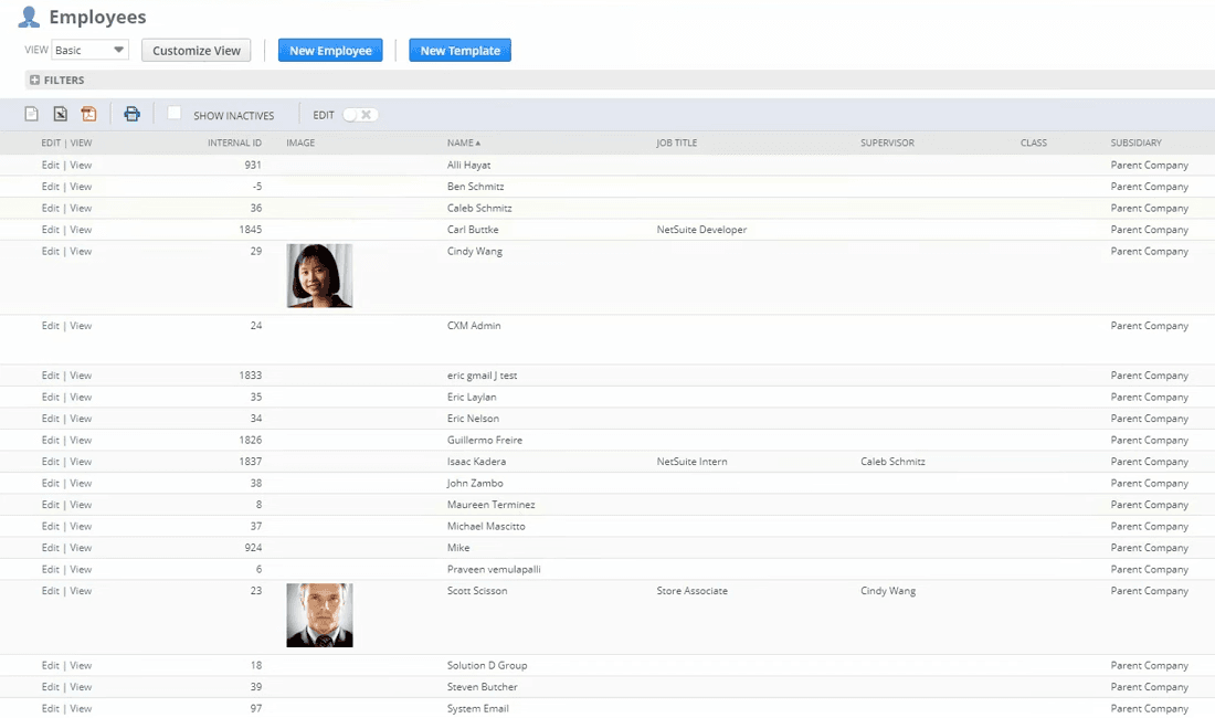 NetSuite employee list page.