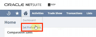 NetSuite home set preferences button highlighted.