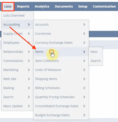 NetSuite navigation lists accounting items.