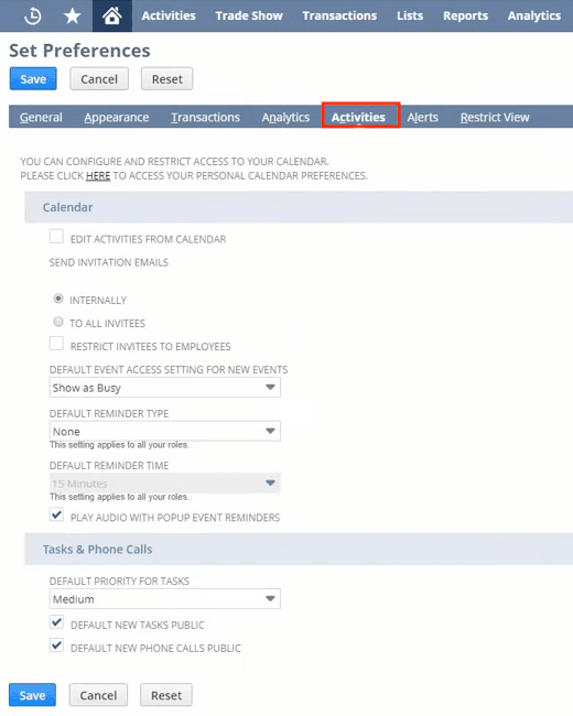 NetSuite set preferences activities tab.