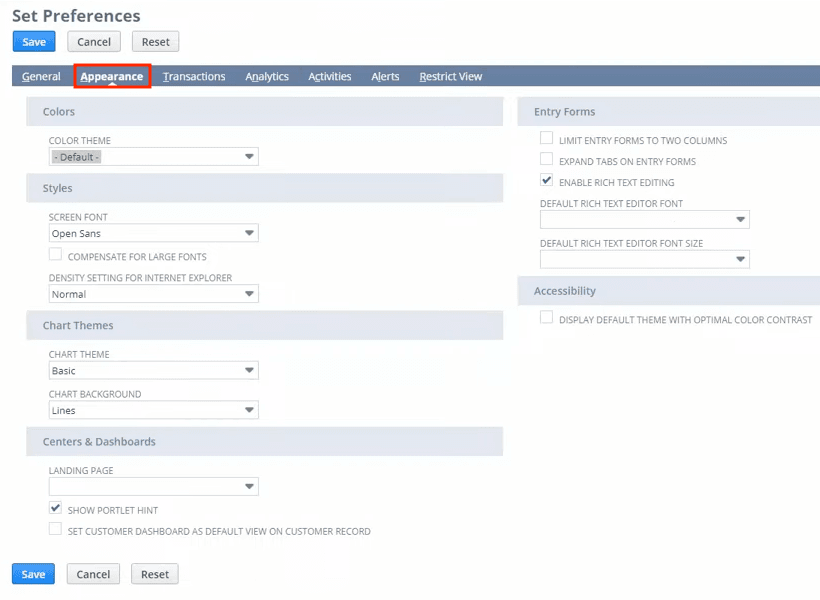 NetSuite set preferences appearance tab.