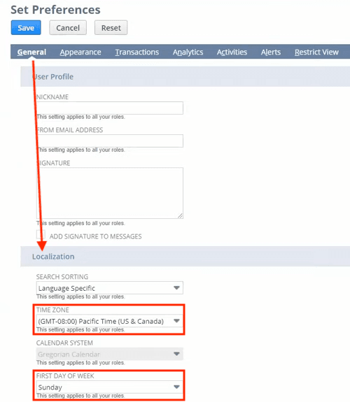 NetSuite set preferences general localization.