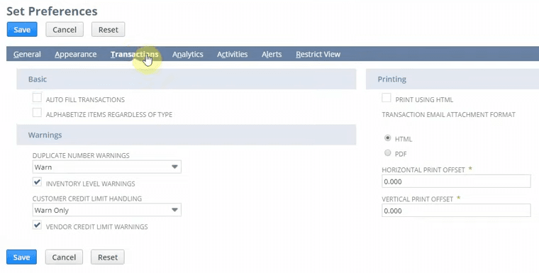 NetSuite set preferences transactions tab.