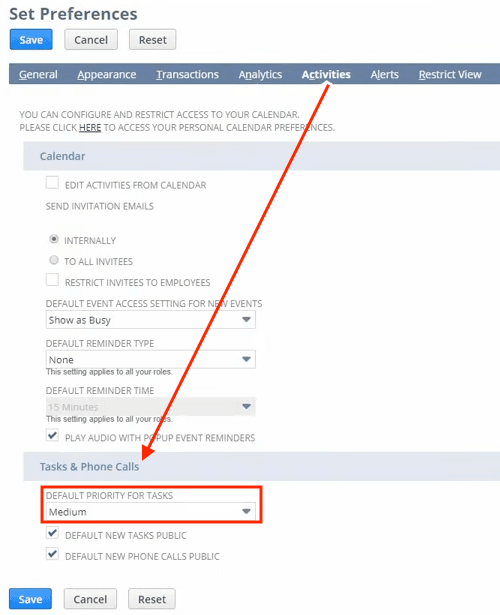NetSuite set preferences activities tab tasks priority.