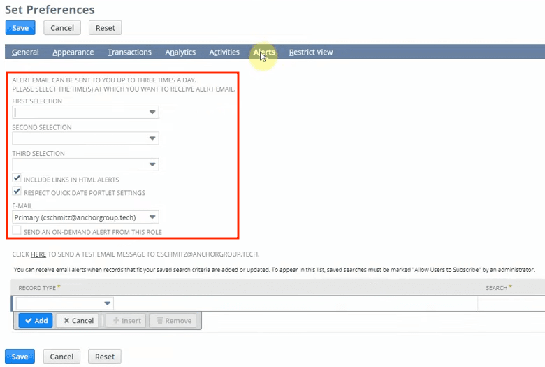 NetSuite set preferences alerts preferences.