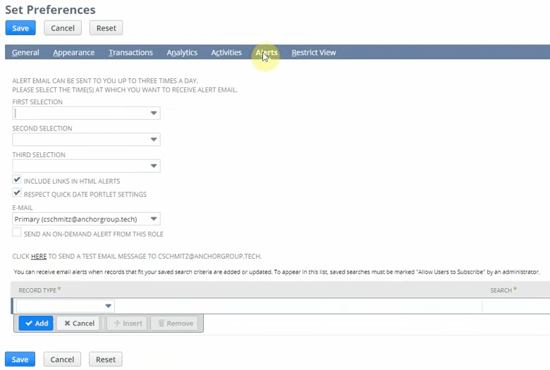 NetSuite set preferences alerts tab.