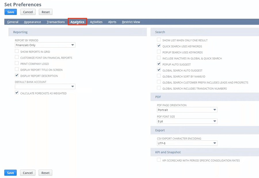 NetSuite set preferences analytics tab.