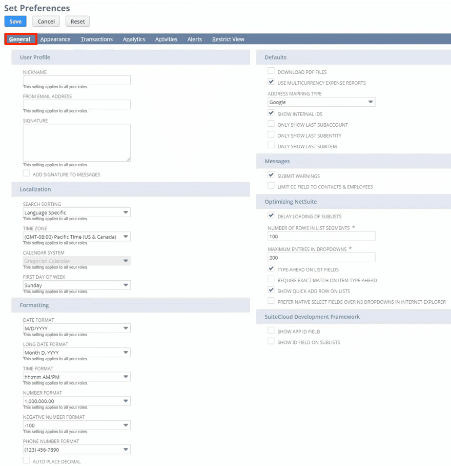 NetSuite set preferences general subtab.