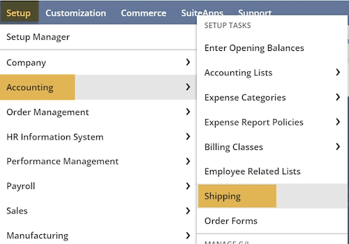 NetSuite setup accounting to shipping tabs.