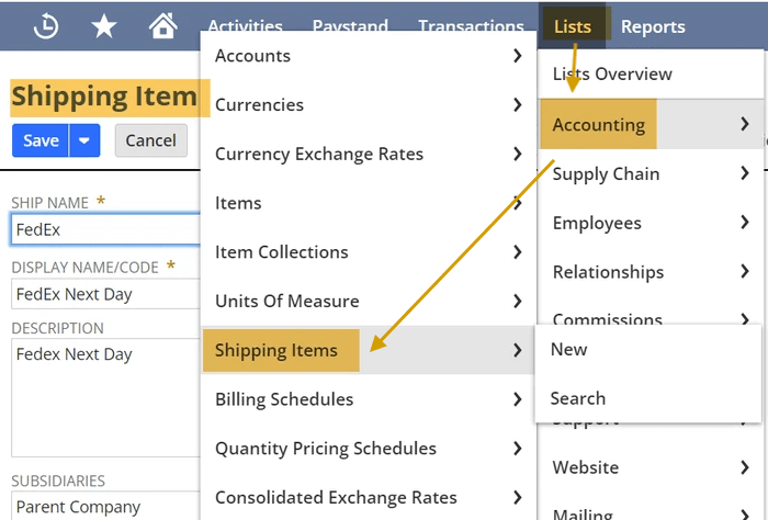 NetSuite lists accounting shipping items.