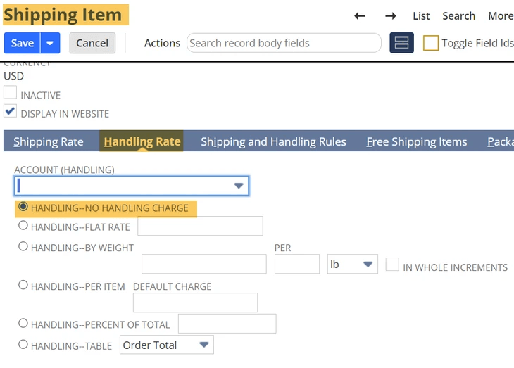 NetSuite shipping item handling rate no charge.