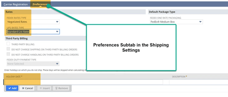 NetSuite shipping settings preferences subtab.