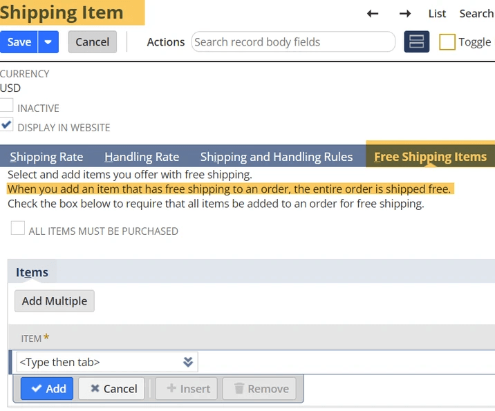 NetSuite shipping item free shipping items.