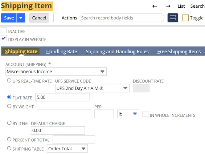 NetSuite shipping item shipping rate.