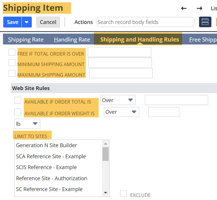 NetSuite shipping item handling rules.