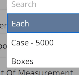 UOM with a dropdown with Each, Case 5000, and Boxes as three options.