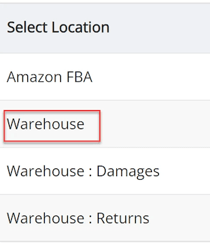 Select Location tab with Warehouse tab highlighted.