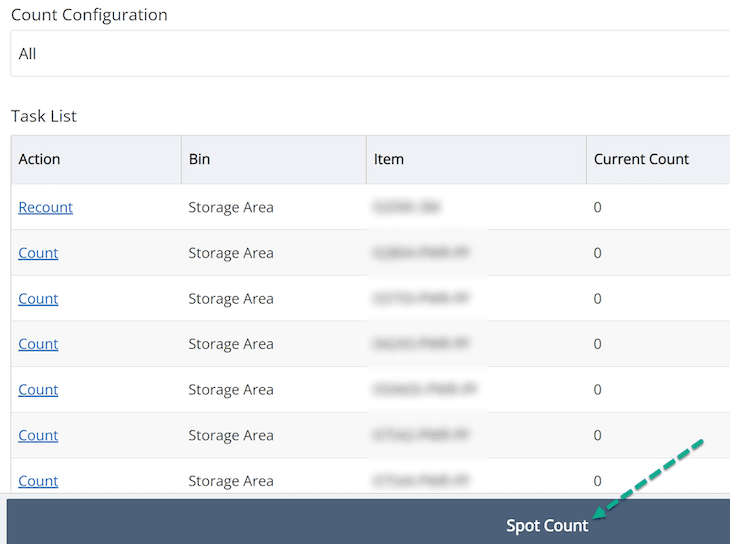 Count Configuration page with Spot Count column indicated.