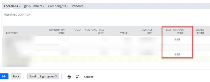 NetSuite locations last purchase price.