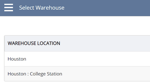 Warehouse location with Houston and Houston College Station as options.