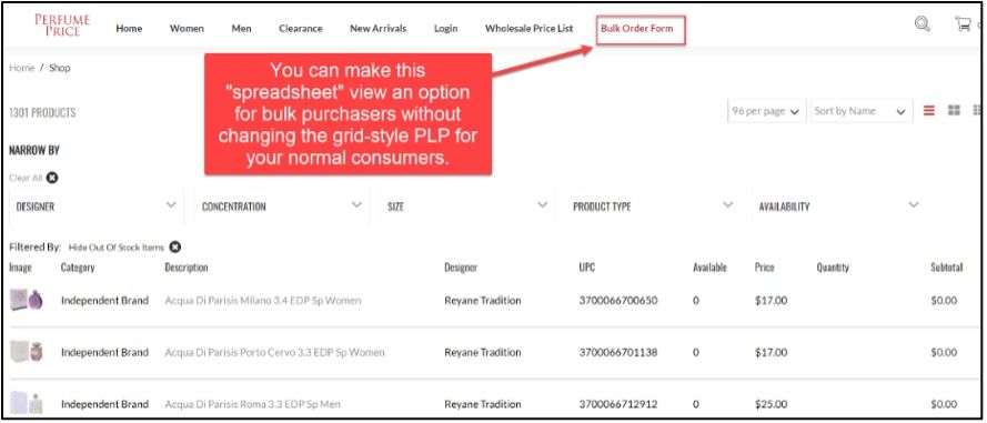 SuiteCommerce PLP spreadsheet view.