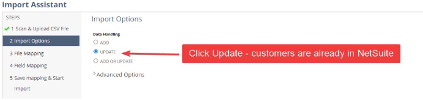 CSV import options.