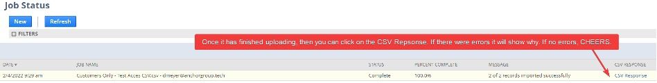 Successful CSV import.