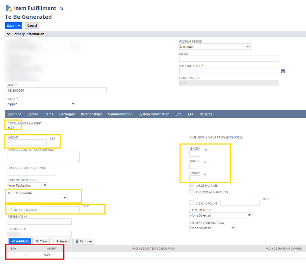 NetSuite item fulfillment to be generated packages.