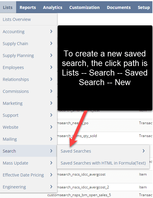 NetSuite lists search saved searches.