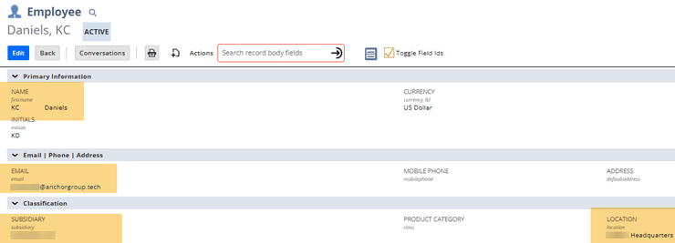NetSuite employee name email subsidiary location.