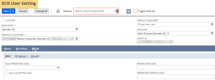 SCIS SuiteCommerce instore user settings.