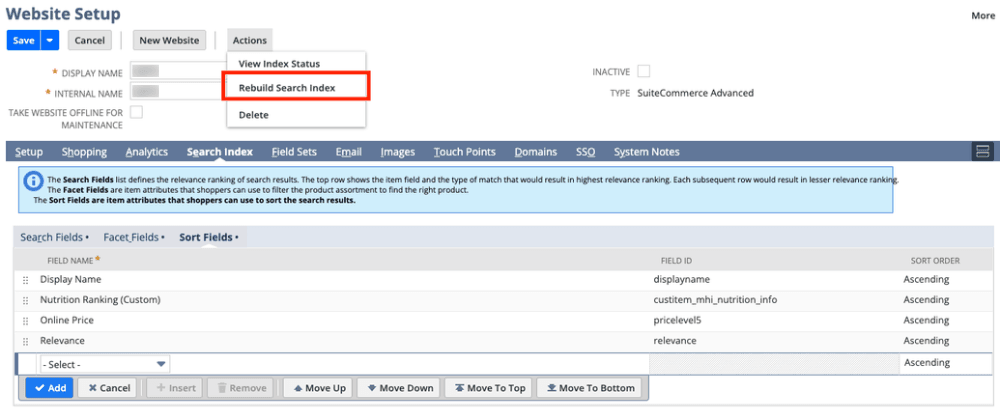 SuiteCommerce website setup actions rebuild.