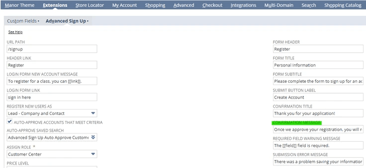 Advanced signup confirmation message.