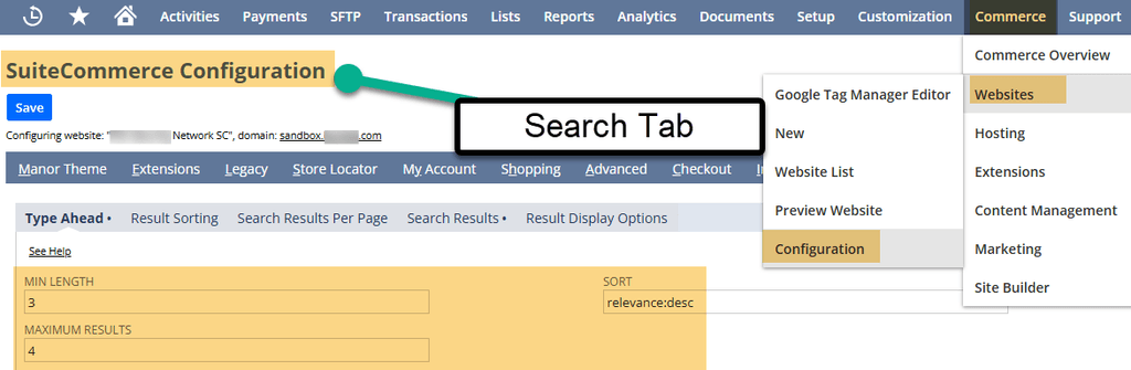 NetSuite commerce websites configuration for SuiteCommerce.