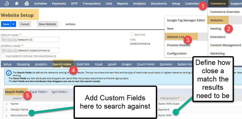 NetSuite website setup commerce list search index.