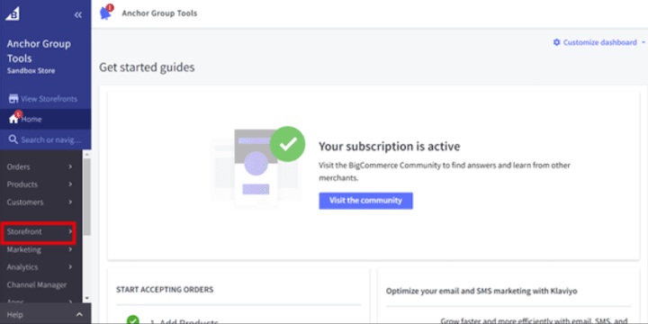 BigCommerce dashboard storefront.