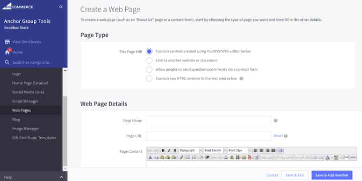 Configure BigCommerce web page details.