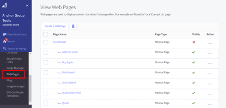 BigCommerce view web pages tab.