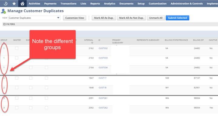 Manage Customer Duplicates page with a message to Note the different groups.