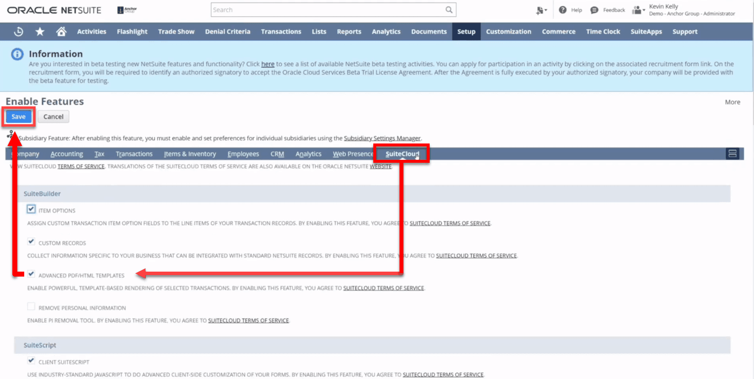 PDF checkbox on the Enable Features page.